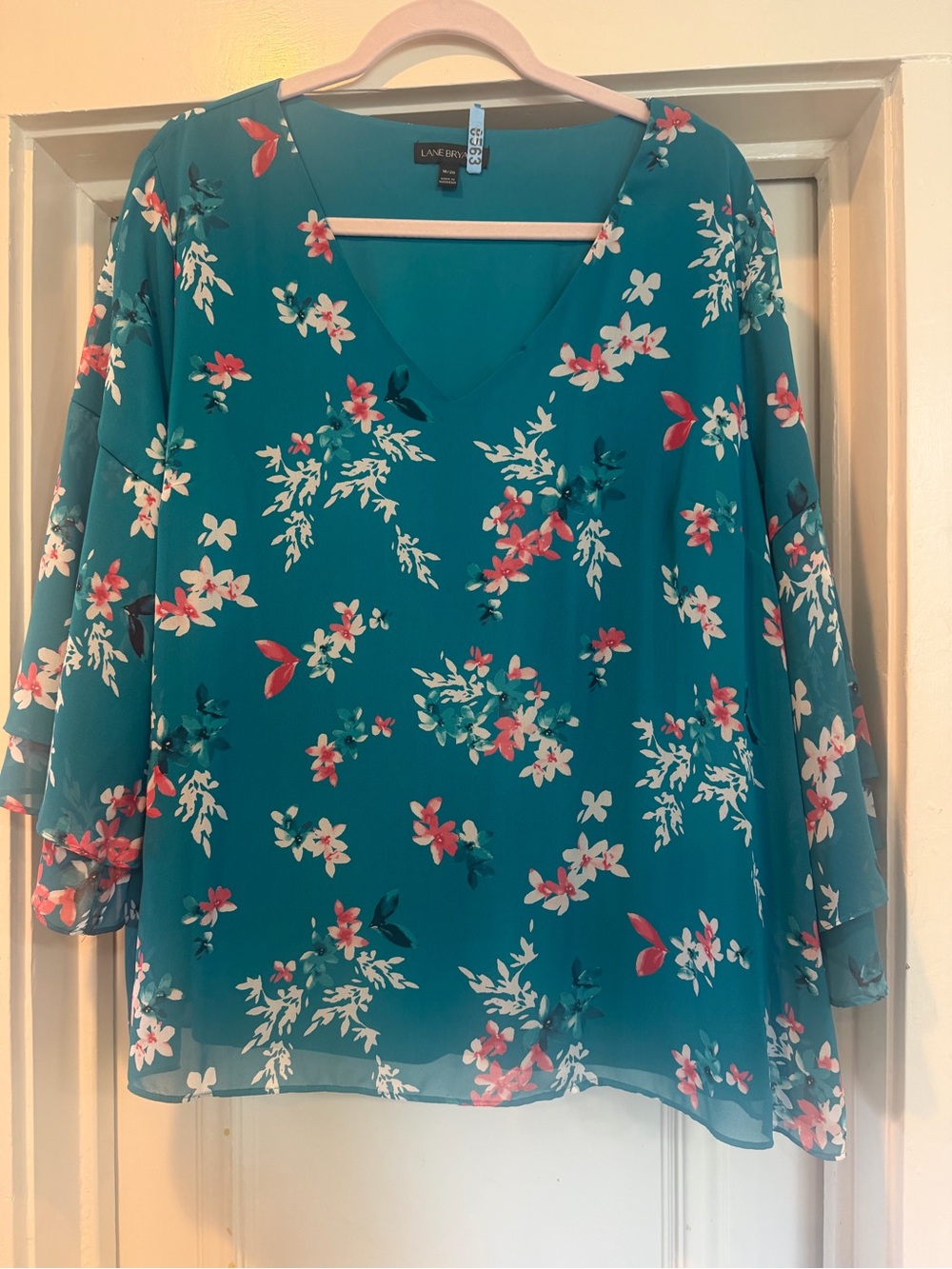 Lane Bryant Teal Floral V-Neck Peasant Blouse 18/20